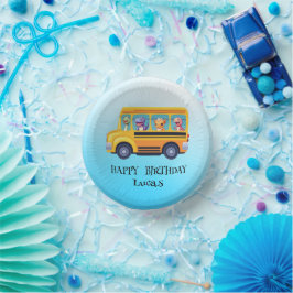 Grappige dinosaurus terug naar school bus jongen v papieren kommen