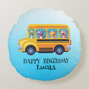 Grappige dinosaurus terug naar school bus jongen v rond kussen