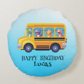 Grappige dinosaurus Terug naar school Bus jongen V Rond Kussen (Achterkant)