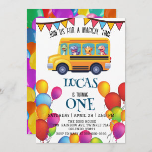 Grappige dinosaurus terug naar school bus jongen v save the date