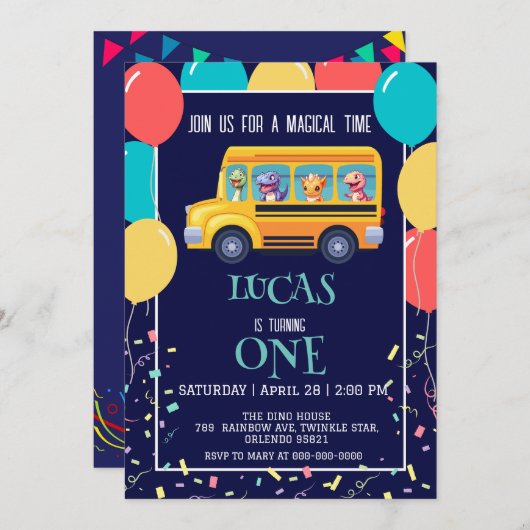 Grappige dinosaurus terug naar school bus jongen v save the date (Voorkant / Achterkant)