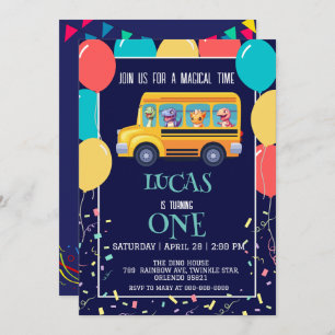 Grappige dinosaurus terug naar school bus jongen v save the date