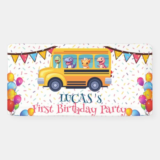 Grappige dinosaurus terug naar school bus jongen v spandoek (Horizontaal)