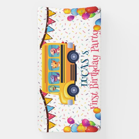 Grappige dinosaurus terug naar school bus jongen v spandoek (Verticaal)