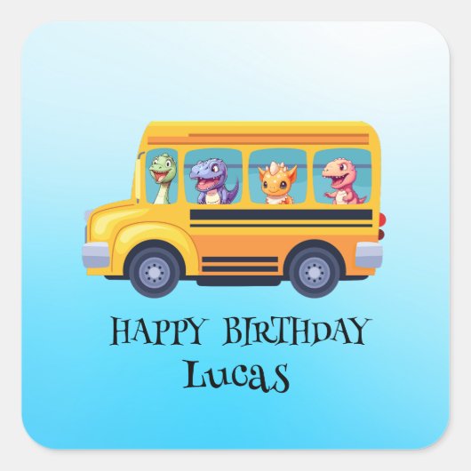 Grappige dinosaurus terug naar school bus jongen v vierkante sticker (Voorkant)