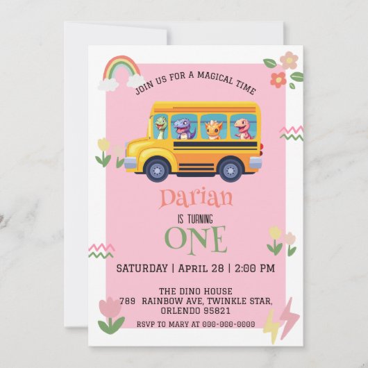 Grappige dinosaurus Terug naar school Bus meisjes  Save The Date (Voorkant)