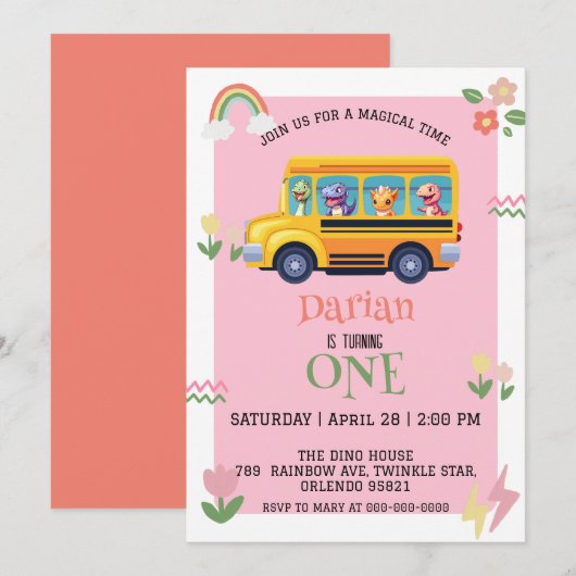 Grappige dinosaurus Terug naar school Bus meisjes  Save The Date (Voorkant / Achterkant)