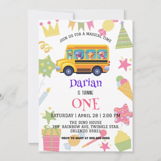 Grappige dinosaurus Terug naar school Buscake Verj Save The Date (Voorkant)