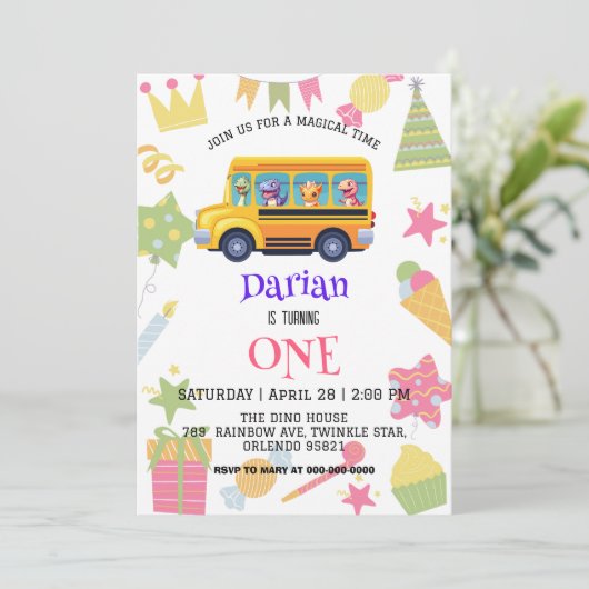 Grappige dinosaurus Terug naar school Buscake Verj Save The Date (Staand voorkant)