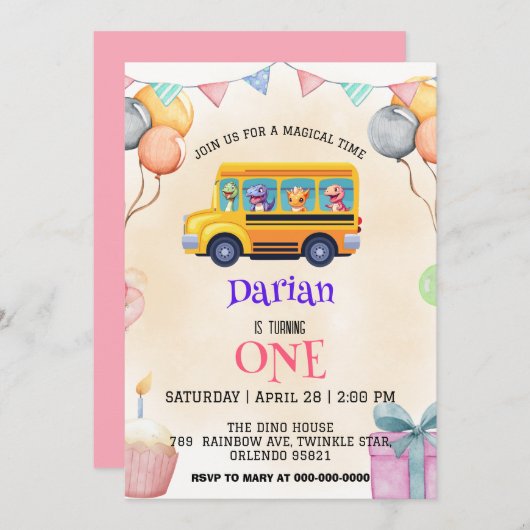 Grappige dinosaurus Terug naar school Buscake Verj Save The Date (Voorkant / Achterkant)