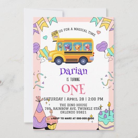 Grappige dinosaurus Terug naar school Buscake Verj Save The Date (Voorkant)