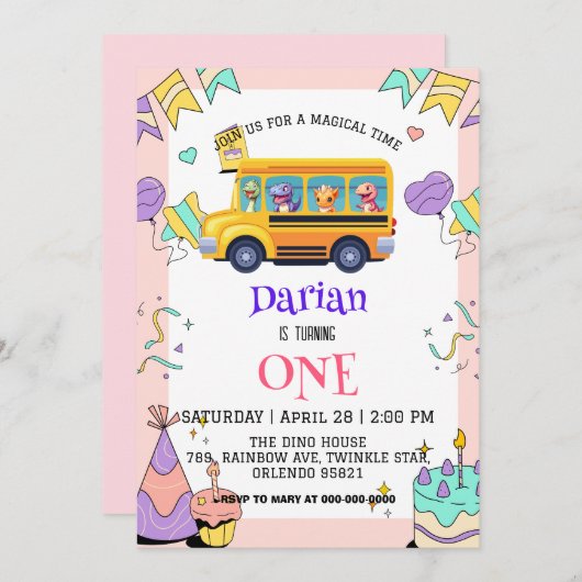 Grappige dinosaurus Terug naar school Buscake Verj Save The Date (Voorkant / Achterkant)