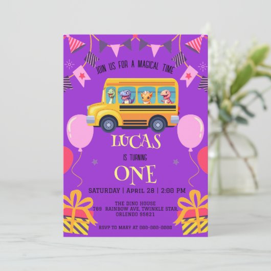 Grappige dinosaurus Terug naar school Busjongen ki Save The Date (Staand voorkant)