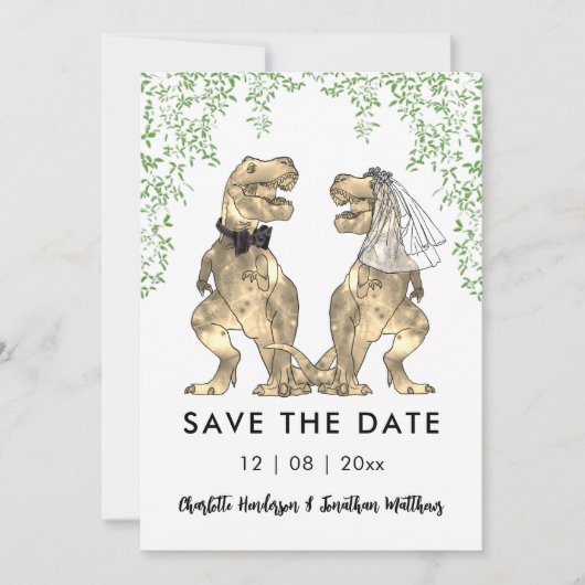 Grappige dinosaurus thema bruiloft save the date (Voorkant)