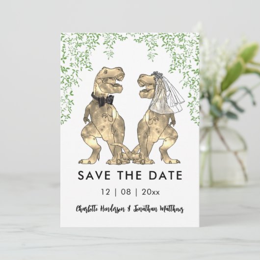 Grappige dinosaurus thema bruiloft save the date (Staand voorkant)