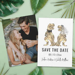 Grappige dinosaurus-thema trouwfoto save the date
