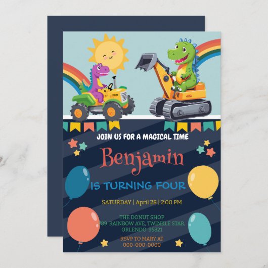 Grappige dinosaurus tractor ballon jongen terug na (Voorkant / Achterkant)