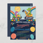 Grappige dinosaurus tractor ballon jongen terug na briefkaart (Voorkant / Achterkant)