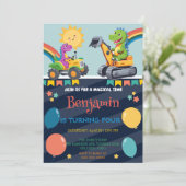 Grappige dinosaurus tractor ballon jongen terug na kaart (Staand voorkant)