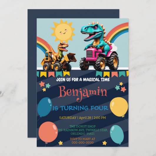 Grappige dinosaurus tractor ballon School Verjaard (Voorkant / Achterkant)