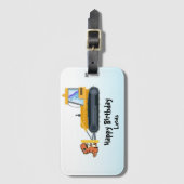 Grappige dinosaurus tractor jongen terug naar scho bagagelabel (Voorkant (verticaal))