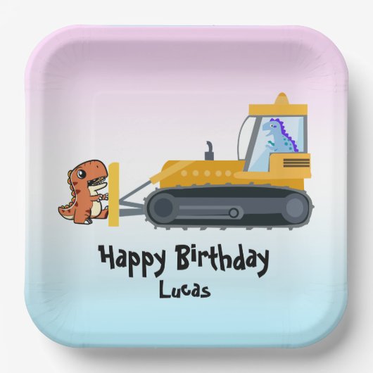 Grappige dinosaurus tractor jongen terug naar scho papieren bordje (Voorkant)