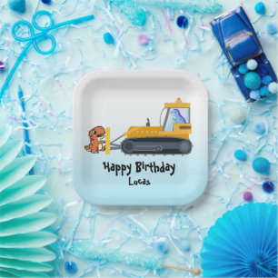 Grappige dinosaurus tractor jongen terug naar scho papieren bordje