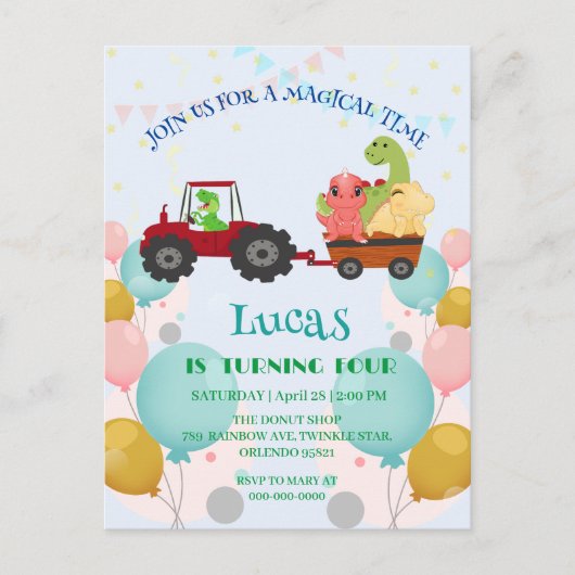 Grappige dinosaurus tractor Verjaardagsfeestje DIY Briefkaart (Voorkant)