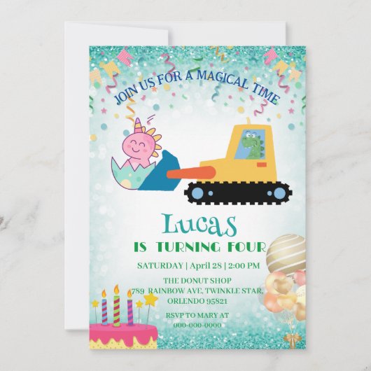 Grappige dinosaurus tractor Verjaardagsfeestje DIY Feestdagenkaart (Voorkant)