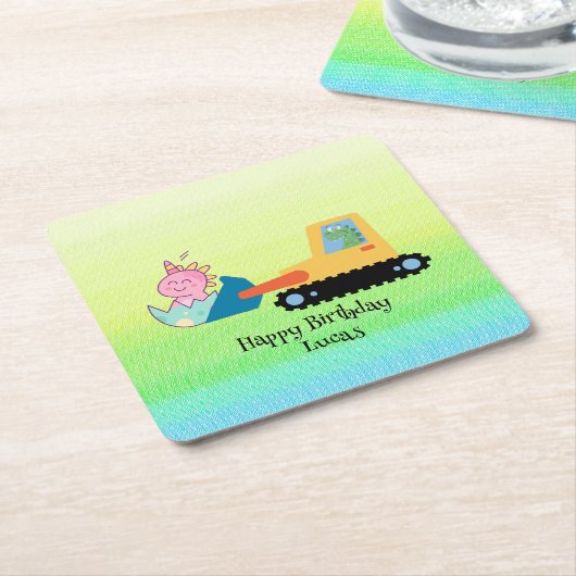 Grappige dinosaurus tractor Verjaardagsfeestje DIY Kartonnen Onderzetters (Schuin)