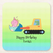 Grappige dinosaurus tractor Verjaardagsfeestje DIY Kartonnen Onderzetters (Voorkant)