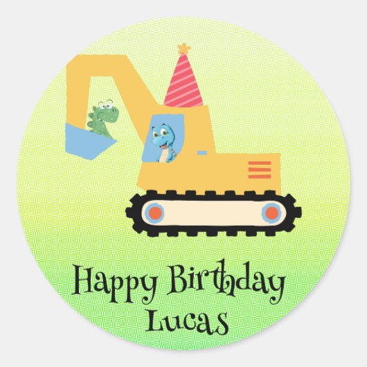 Grappige dinosaurus tractor Verjaardagsfeestje DIY Ronde Sticker (Voorkant)