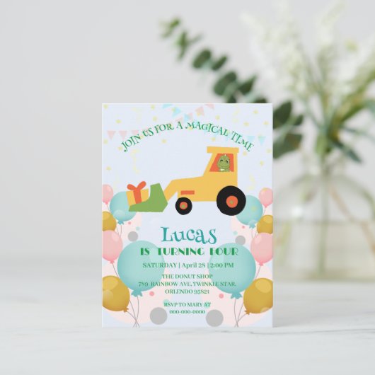 Grappige dinosaurus tractor Verjaardagsfeestje doe Briefkaart (Staand voorkant)