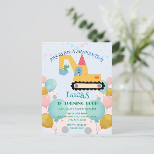 Grappige dinosaurus-tractor Verjaardagsfeestje doe Briefkaart (Staand voorkant)