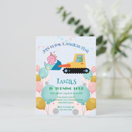 Grappige dinosaurus tractor Verjaardagsfeestje doe Briefkaart (Staand voorkant)