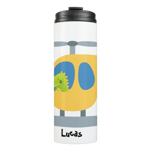Grappige dinosaurus vliegende gele helikopter part thermosbeker (Voorkant)