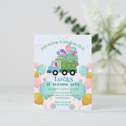 Grappige dinosaurus Vuilniswagen Verjaardagsfeestj Briefkaart (Staand voorkant)