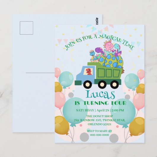 Grappige dinosaurus Vuilniswagen Verjaardagsfeestj Briefkaart (Voorkant / Achterkant)
