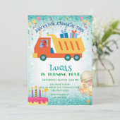 Grappige dinosaurus vuilniswagen Verjaardagsfeestn Feestdagenkaart (Staand voorkant)