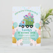 Grappige dinosaurus vuilniswagen Verjaardagsfeestn Feestdagenkaart (Staand voorkant)