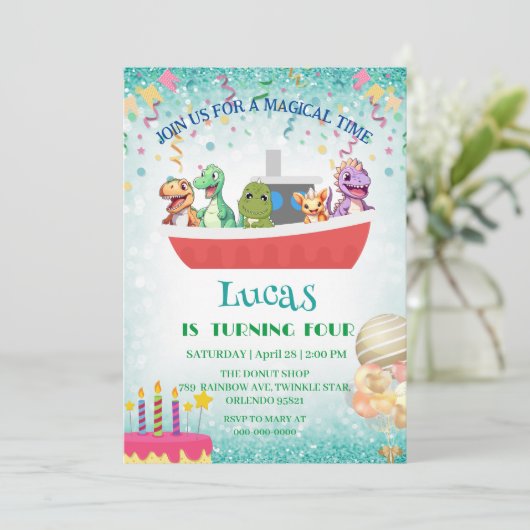 Grappige dinosaurus Yacht Verjaardagsfeestje DIY N Kaart (Staand voorkant)