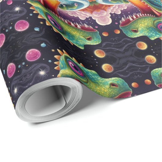 Grappige dinosaurussen in de ruimte en dino-avontu cadeaupapier (Rol Hoek)