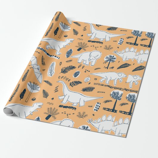 grappige dinosaurussen met palmbladeren cadeaupapier (Uitgerold)
