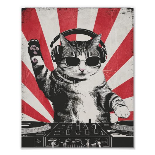 Grappige DJ Cat Disco Sound Tech Hoofdtelefoon Muz Foto Afdruk (Voorkant)