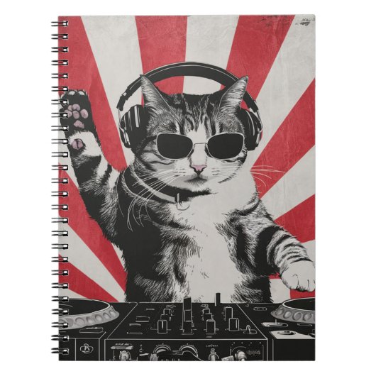 Grappige DJ Cat Disco Sound Tech Hoofdtelefoon Muz Notitieboek (Voorkant)