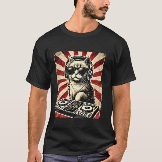 Grappige DJ Cat Disco Sound Tech T-shirt (Voorkant)