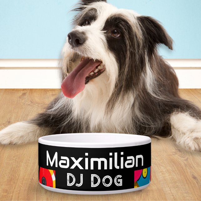 Grappige DJ Dog Retro Vinyl Records Kleurrijk Voerbakje (A ceramic dog bowl in black with colorful vinyl records design, 'DJ Dog' caption and custom name)