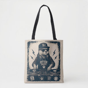 Grappige DJ Otter Vintage EDM Draaitafel Illustrat Tote Bag