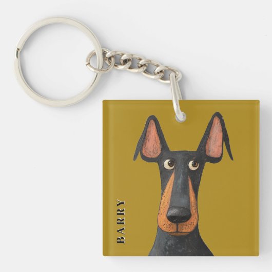 Grappige Doberman Hond Zwart Tan Mosterdgeel Sleutelhanger (Voorkant)