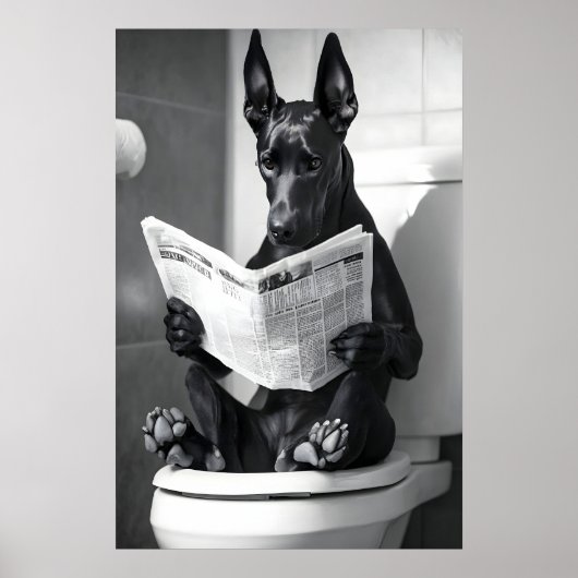 Grappige Dobermann-badkamerprint, hond leest Poster (Voorkant)